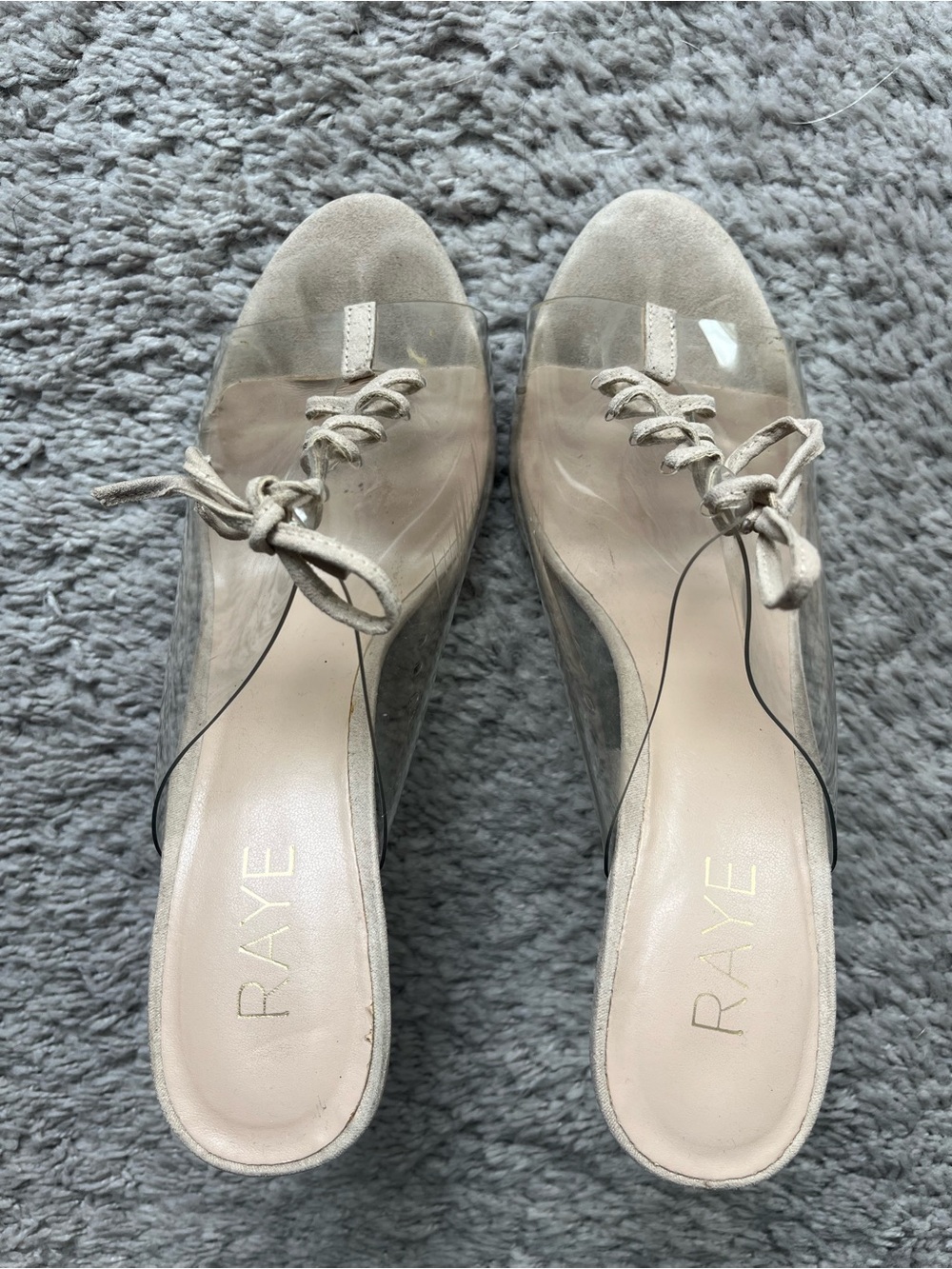 RAYE Clear Knot-Front heels with Beige Suede Accents